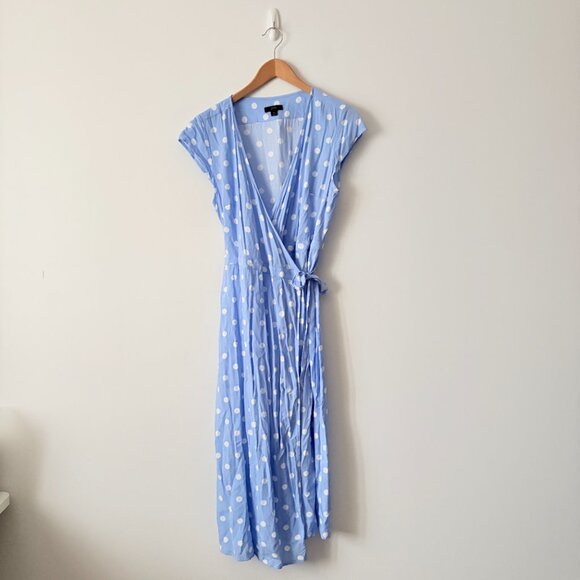 J.Crew Midi Wrap Polka Dot Dress Soft Rayon Light Blue Size Medium - Picture 4 of 7